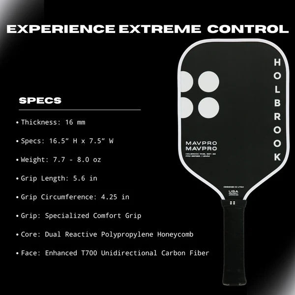 HOLBROOK Mav Pro 16mm 2.0 Pickleball Paddle | Carbon Fibre, USAPA Approved