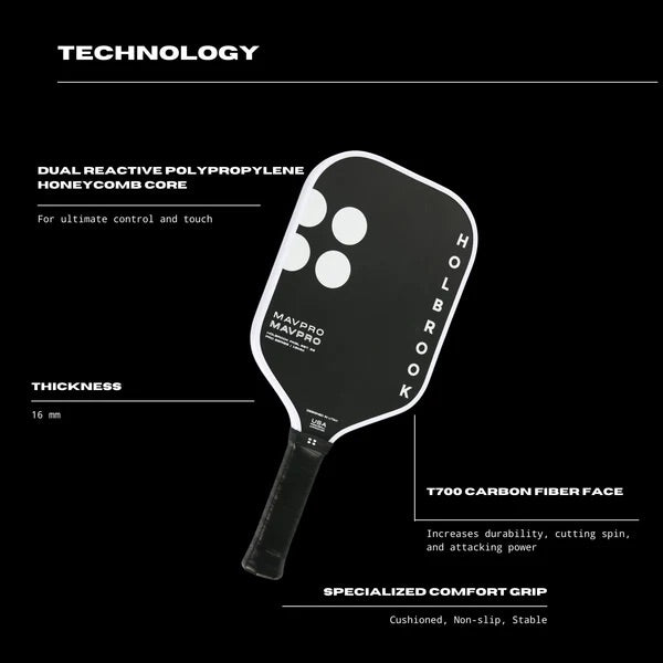 HOLBROOK Mav Pro 16mm 2.0 Pickleball Paddle | Carbon Fibre, USAPA Approved